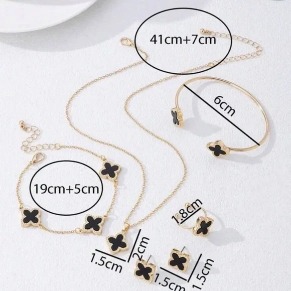 New— Black Hollow Out Four-Leaf Clover Pendant Vintage Elegant Women's Set-Black - Picture 2 of 2